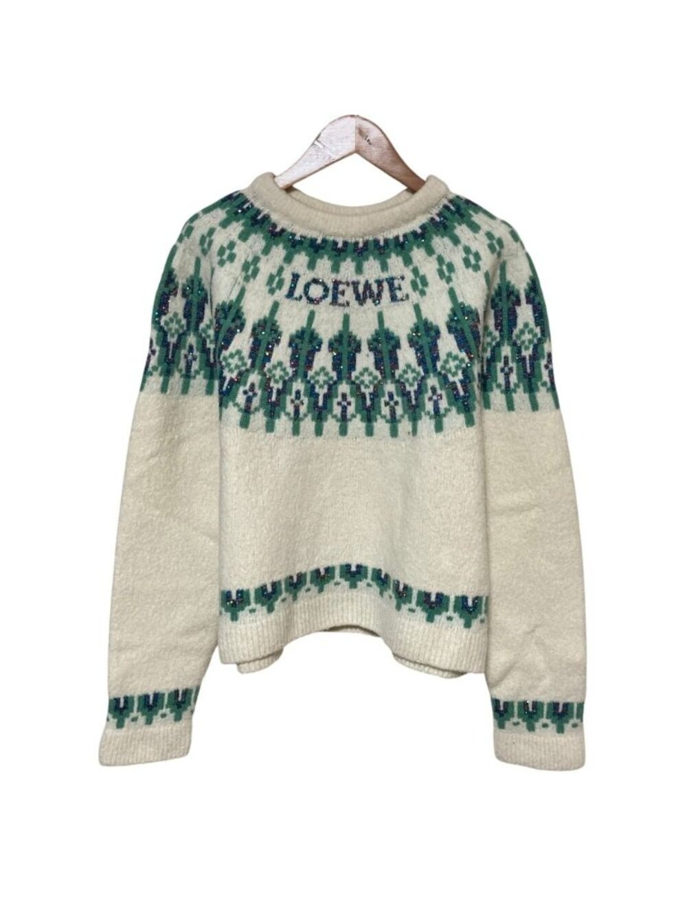 Loewe Fair Isle Sequin Wool Knit Sweater Green Ivory